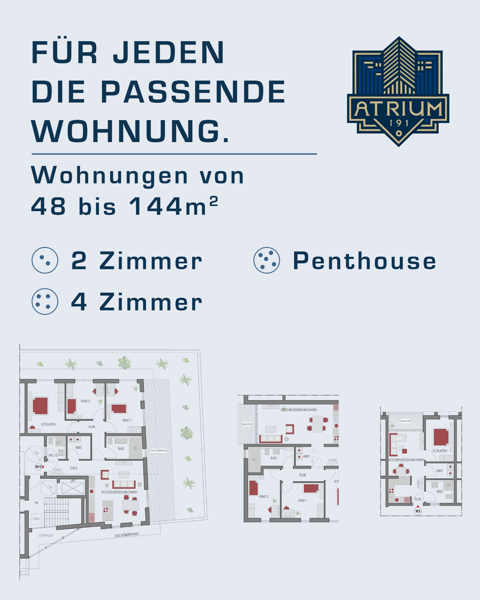Atrium 191 Wohnungsübersicht mit 2-Zimmer-, 4-Zimmer- und Penthousewohnungen